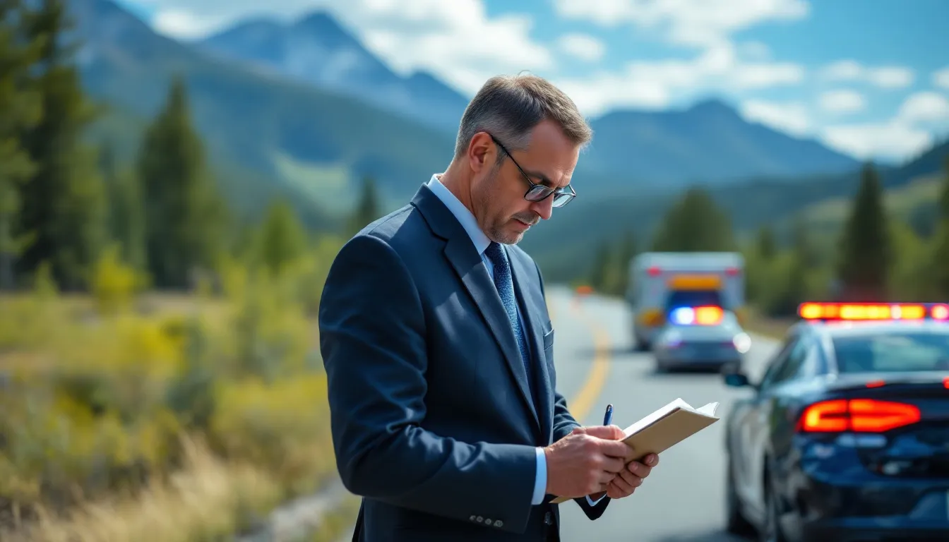 An attorney is investigating a car accident scene on a highway, with scenic Colorado mountains in the background. Blurred figures of police officers and an ambulance can be seen nearby, highlighting the seriousness of the incident involving car accident victims.