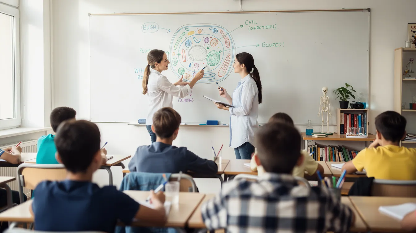 Na obrazku widzimy nauczycielkę biologii, która omawia schemat dotyczący genetyki na tablicy przed klasą uczniów. Uczniowie uważnie słuchają, a nauczycielka wskazuje na różne elementy schematu, co sugeruje, że przygotowują się do sprawdzianu z biologii w klasie 8.
