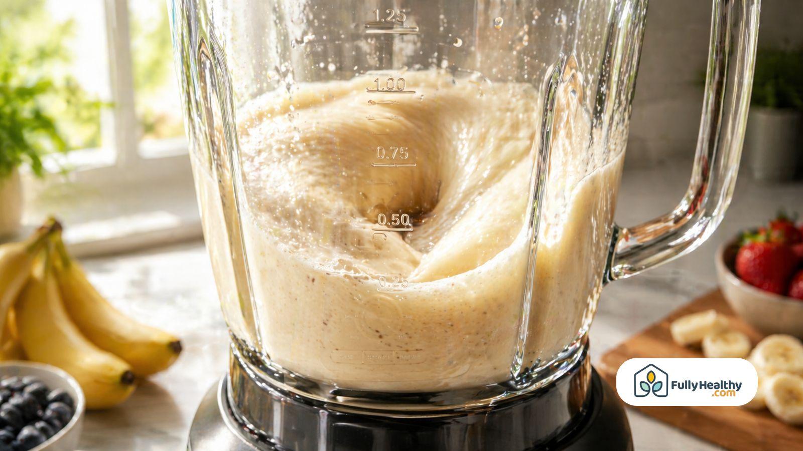 Banana smoothie blending in a glass blender with fresh fruit nearby on a bright counter.