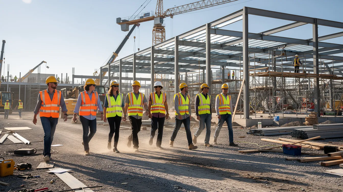 Construction professionals in hard hats walk across a commercial jobsite with steel framing in the background.