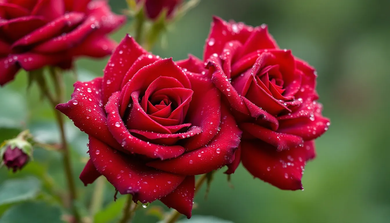 A close-up image of vibrant red roses adorned with glistening dewdrops, showcasing the beauty of flower blooms in nature. The delicate droplets enhance the roses' rich color, symbolizing hope and the joy that blossoms in every flower.