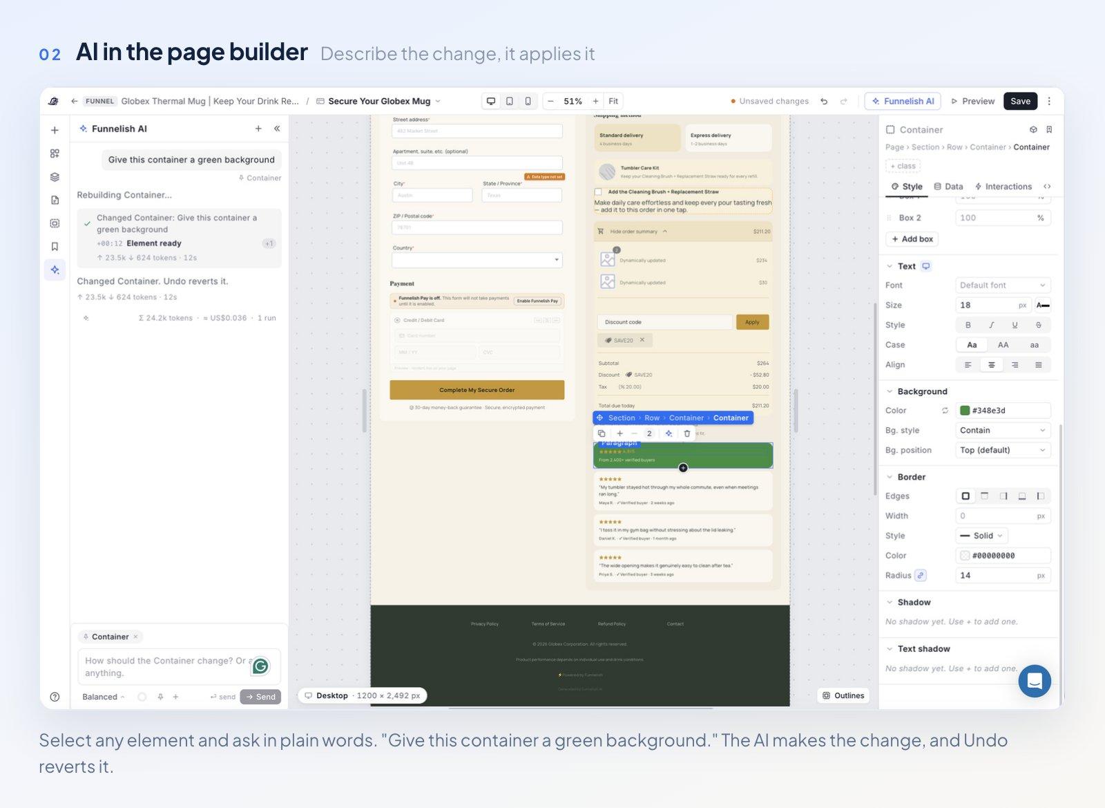 The Funnelish page builder with the AI panel open, applying a design change to a selected element from a plain-language instruction