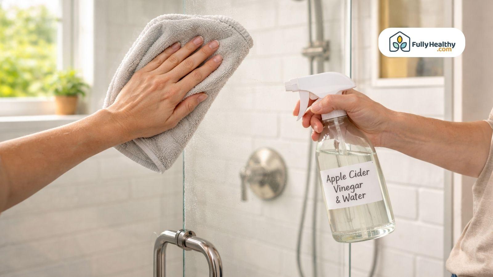 Cleaning shower glass using apple cider vinegar spray and microfiber cloth