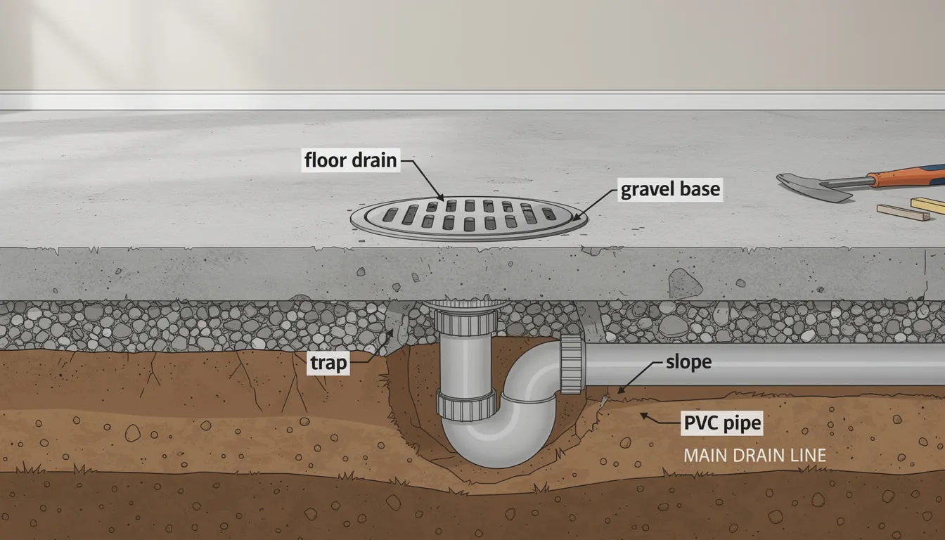 The image depicts the installation of a floor drain in a concrete slab basement, highlighting essential elements for proper drainage in basement renovations. This step is crucial for moisture control, ensuring a suitable environment for a potential sauna in the basement, which can offer numerous wellness benefits.