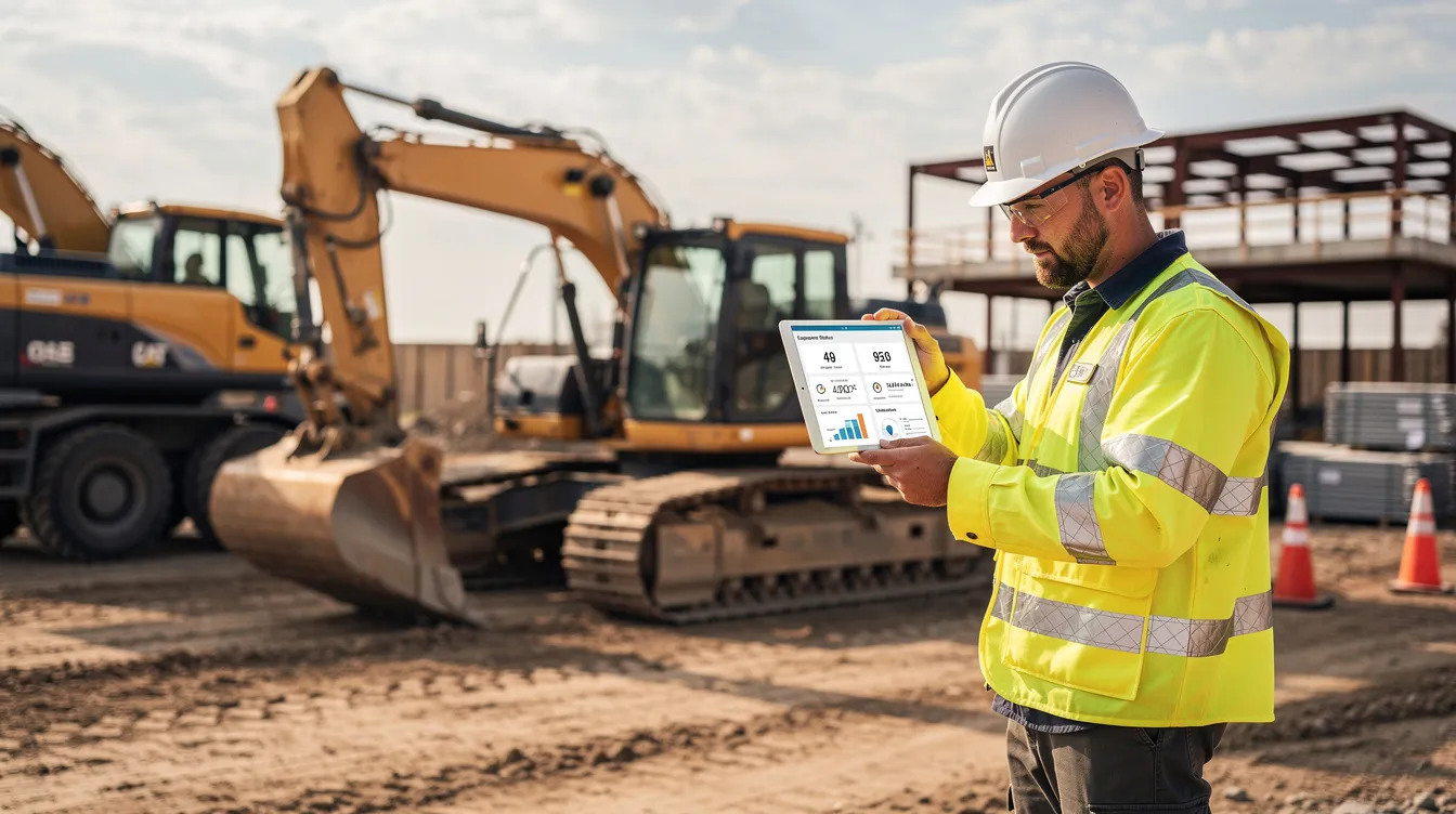 A construction site manager stands near parked heavy machinery, reviewing equipment data on a tablet to enhance asset management and operational efficiency. This digital tool aids in ensuring worker safety and minimizing downtime through effective maintenance scheduling and real-time tracking of physical assets.