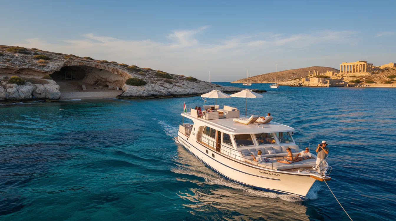Imagem de um cruzeiro nas ilhas Rhenia e Delos, na Grécia antiga, apresentando águas cristalinas do mar Egeu e paisagens deslumbrantes. O clima mediterrâneo e as praias paradisíacas tornam esse destino uma parte encantadora da cultura e história grega.