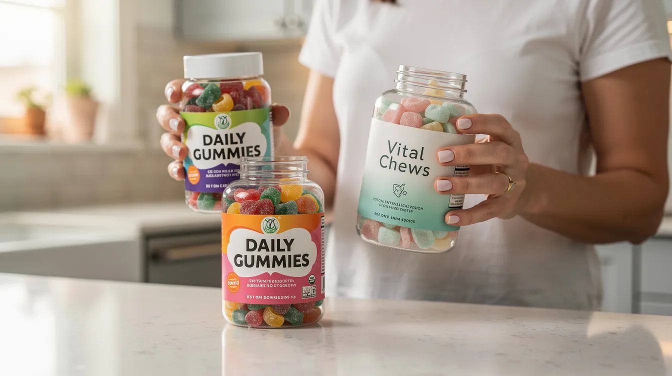 A person is standing at a kitchen counter, contemplating two colorful gummy supplement containers labeled with different types of mushroom gummies, including options like lion's mane and reishi, which are known for their health benefits. The scene captures the decision-making process in selecting a functional mushroom supplement for wellness, emphasizing the variety available for immune support and cognitive function.