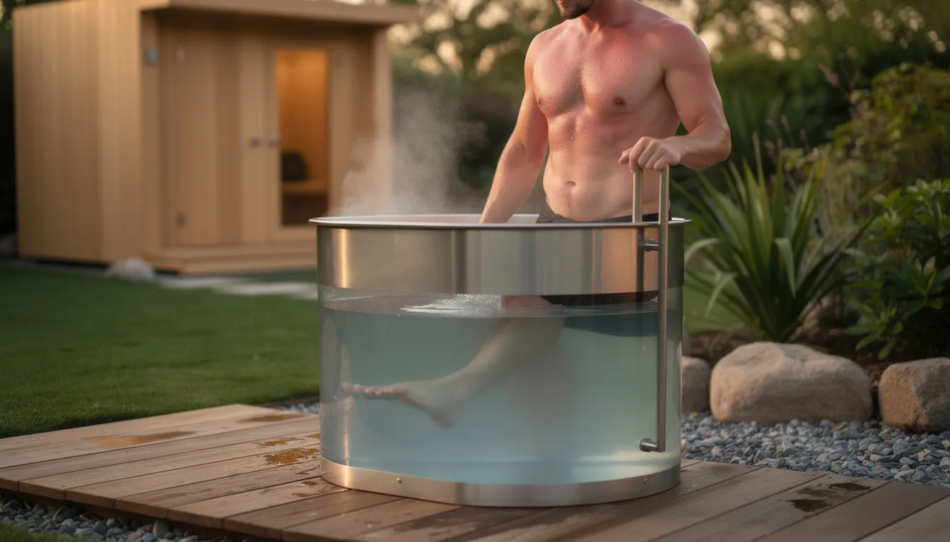 A person is stepping into a modern cold plunge tub in a beautifully landscaped backyard, with steam rising from their skin after enjoying a sauna session. This serene outdoor wellness space is designed for relaxation and mental clarity, featuring elements that promote overall well-being and muscle recovery.