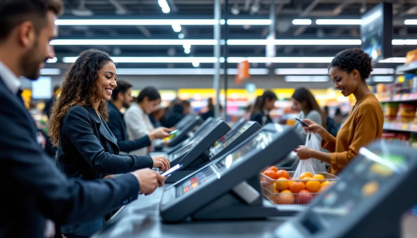 The image depicts modern self-checkout terminals in a bustling retail store, where customers are actively scanning their items. This scene highlights the increasing reliance on self-checkouts in the retail sector, amid concerns about rising retail theft and the impact of organized retail crime on store operations.