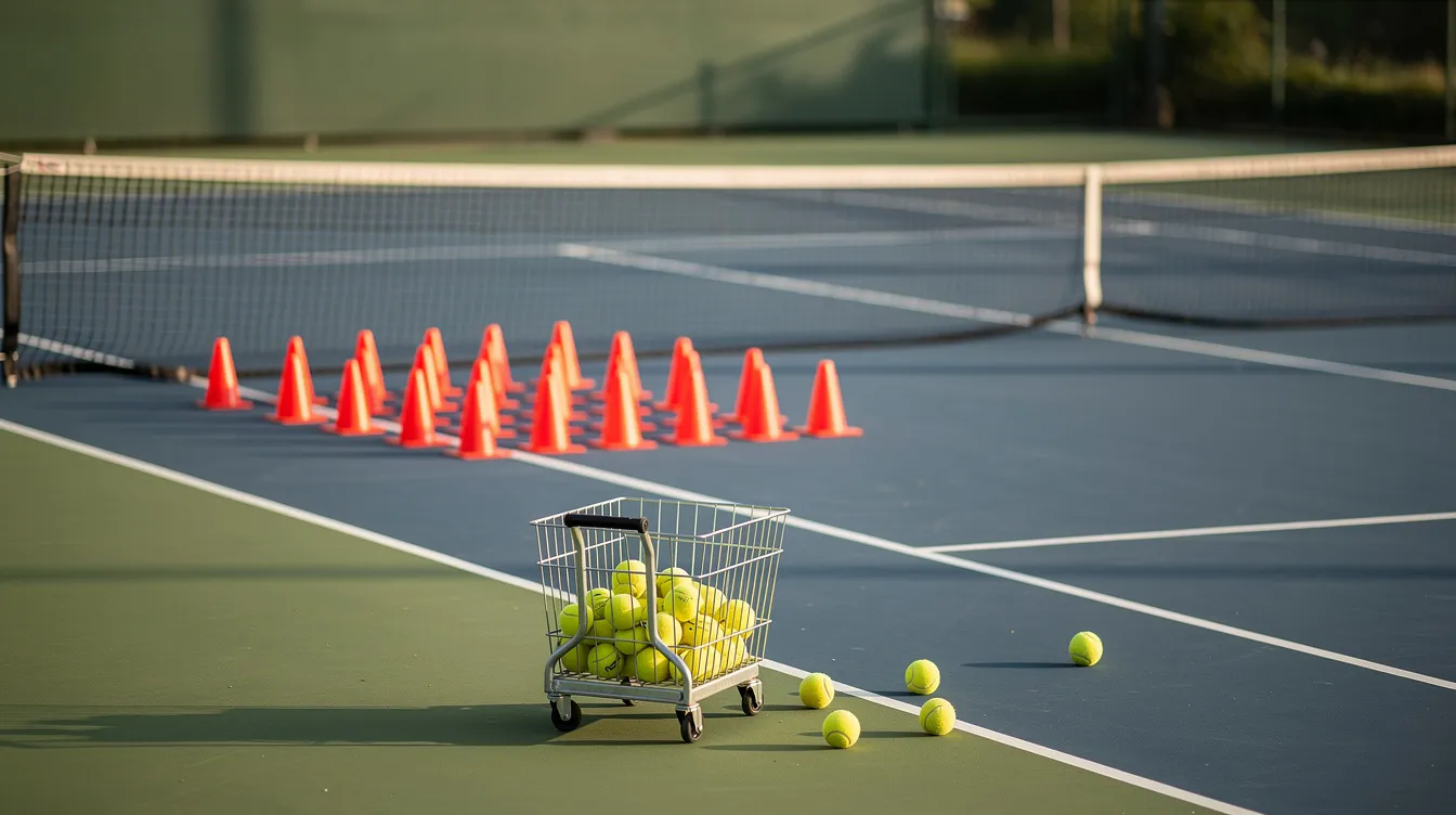 The image depicts a tennis court during a practice session, featuring training cones positioned behind the service line and a ball basket on the sideline. Tennis coaches can be seen guiding players as they work on their two-handed and one-handed backhand shots, focusing on grip and swing techniques to improve power and control.