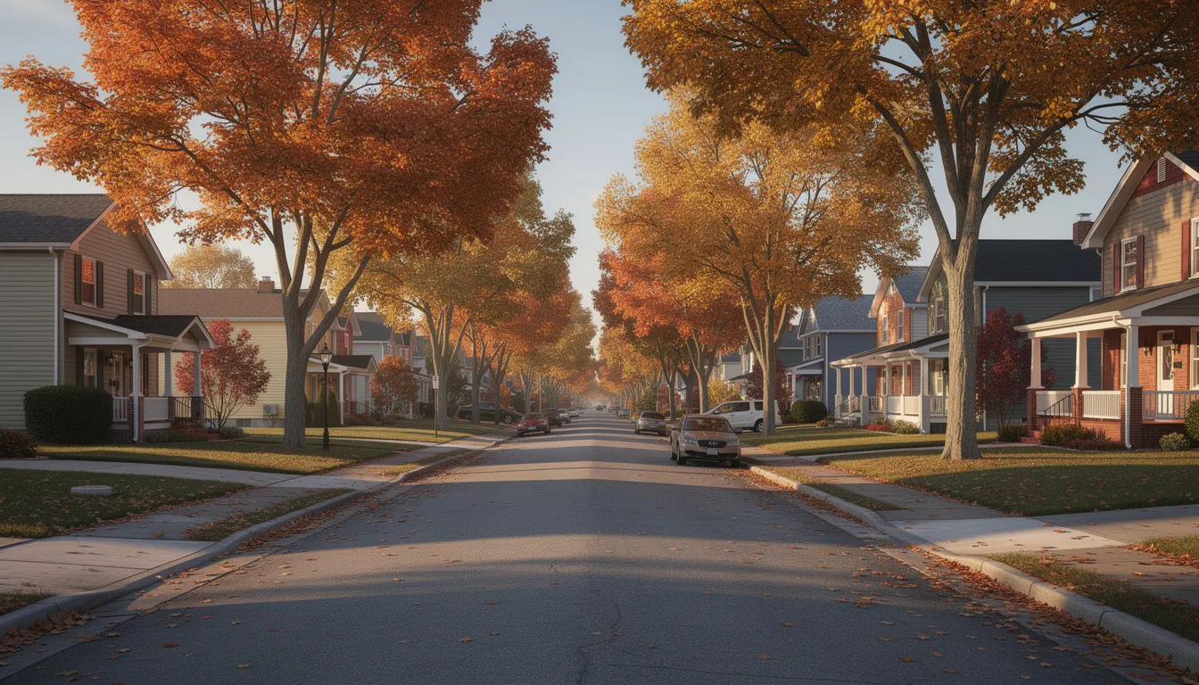 The image depicts a serene residential neighborhood street lined with charming single-family homes, surrounded by vibrant autumn trees displaying shades of red, orange, and yellow. This inviting scene reflects a peaceful community atmosphere, ideal for potential buyers and homeowners seeking a comfortable living environment.