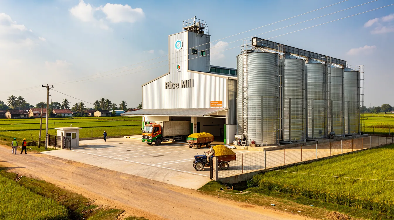 f136d6ca 2038 4ea6 8c64 86e732d734c6 The image depicts a modern rice mill plant set in a rural Indian landscape, featuring large paddy storage silos and a loading area designed for efficient paddy procurement. This facility highlights the importance of rice mill capacity planning in supporting the rice milling industry and meeting market demand.
