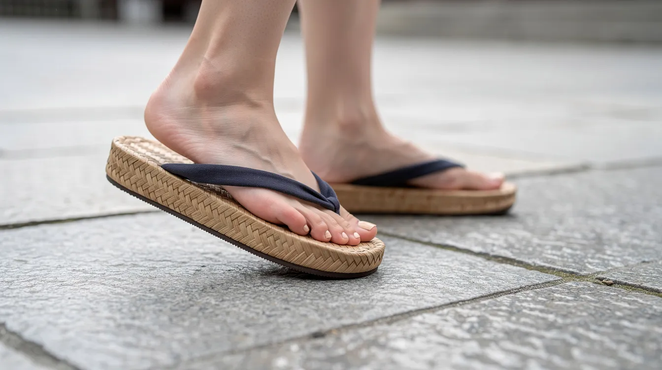 A close-up view of feet in traditional Japanese zori sandals gently stepping on smooth stone pavement, reflecting the elegance of kimono etiquette and Japanese culture. The image captures a graceful impression as one foot lifts carefully, embodying the mindful posture associated with wearing a kimono.