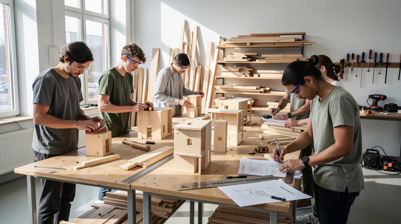 I en ljus verkstadsmiljö arbetar studenter med träprototyper, där de utforskar möbeldesign och produktutveckling. Tillsammans skapar de innovativa möbler och får praktisk erfarenhet inför sina framtida karriärer inom design.