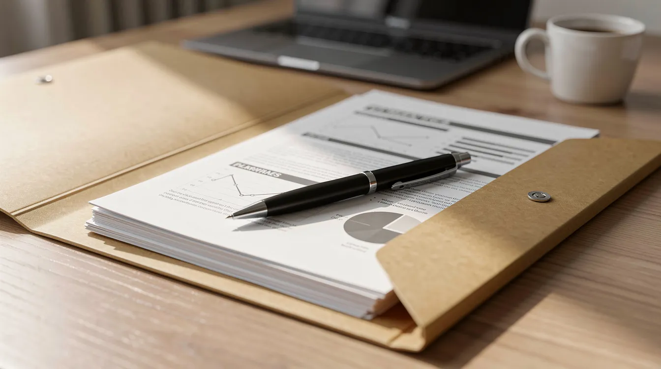 f13acce2 16ad 4c28 8e21 5427ebf3c507 The image shows a neatly organized folder containing various financial documents related to a business, including a project report, resting on a table alongside a pen. This setup reflects the preparation needed for business owners seeking a mudra loan or other bank loans, emphasizing the importance of proper documentation and financial analysis.