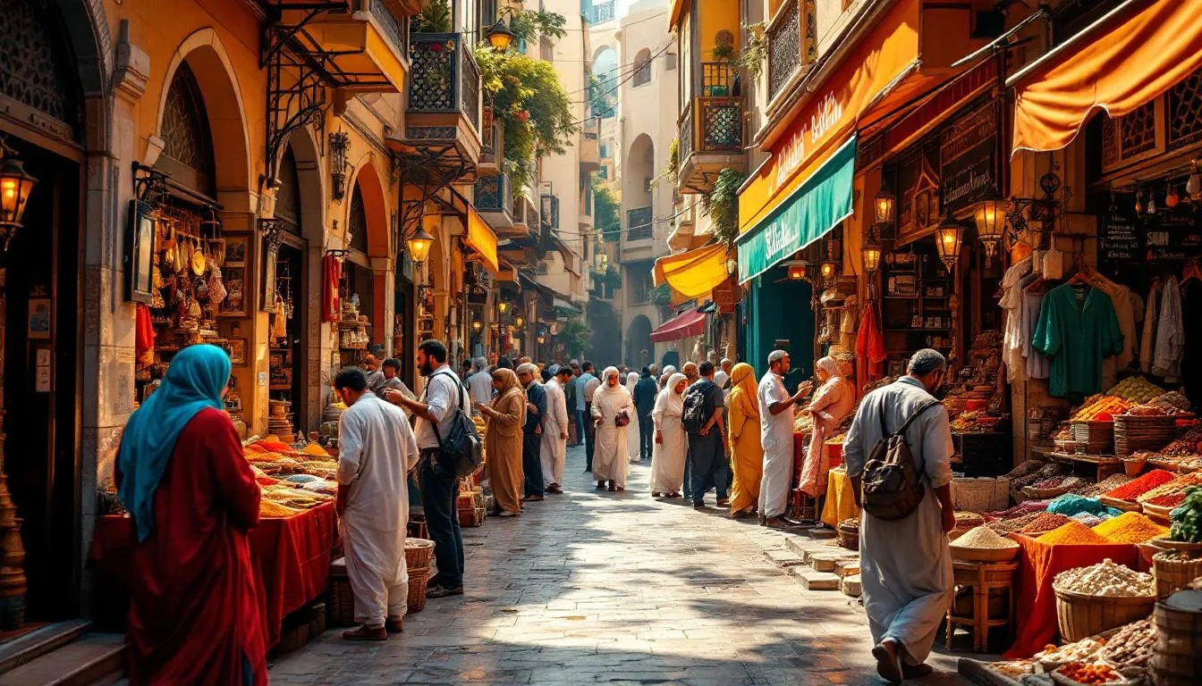 The image depicts a vibrant traditional Arabic marketplace, bustling with vendors and customers engaging in lively conversations, showcasing the rich and diverse culture of the Arab world. Phrases like "as salamu alaykum" and "shukran" can be heard as people interact, reflecting the essential Arabic phrases that enrich daily life in this lively setting.