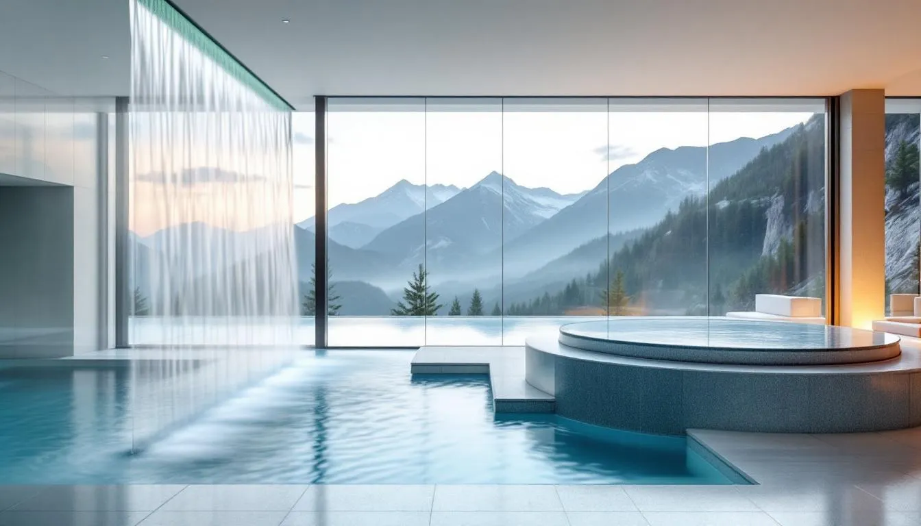 The image depicts an inviting indoor pool area featuring a waterfall, with a hot tub nearby that offers stunning views of the surrounding mountains. This relaxing space is part of the official lodging of Brian Head, perfect for guests seeking comfort and amenities in southern Utah.