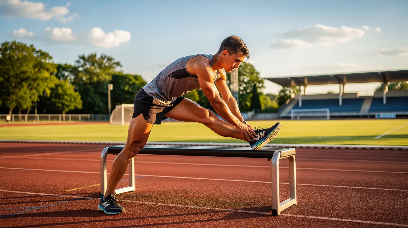 An athlete is stretching outdoors in bright summer sunshine after a workout, taking advantage of the warm weather to enhance muscle relaxation and recovery. This outdoor exercise routine highlights the benefits of sauna use, as the heat can improve circulation and aid in post-workout recovery.