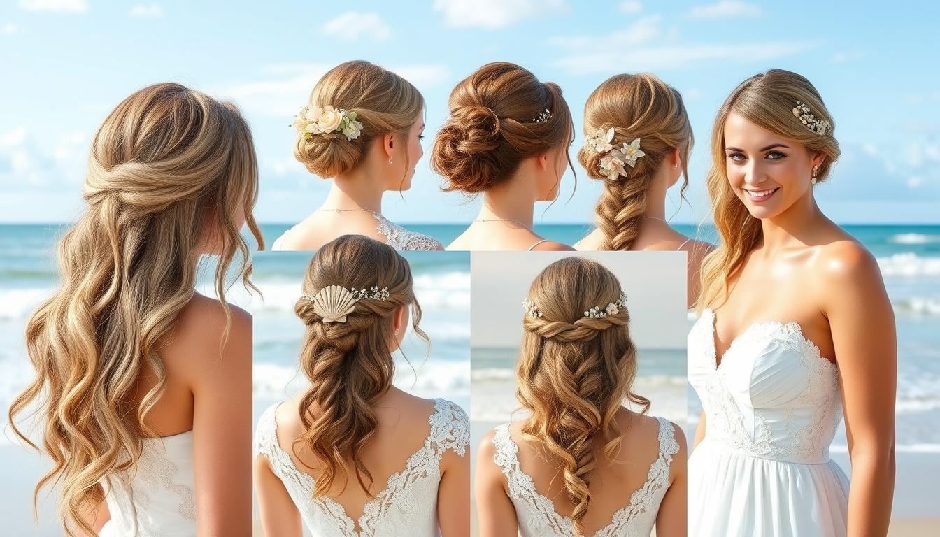 a bride displaying several different types of hairstyles, beach wedding hairstyles, hairstyle for beach wedding