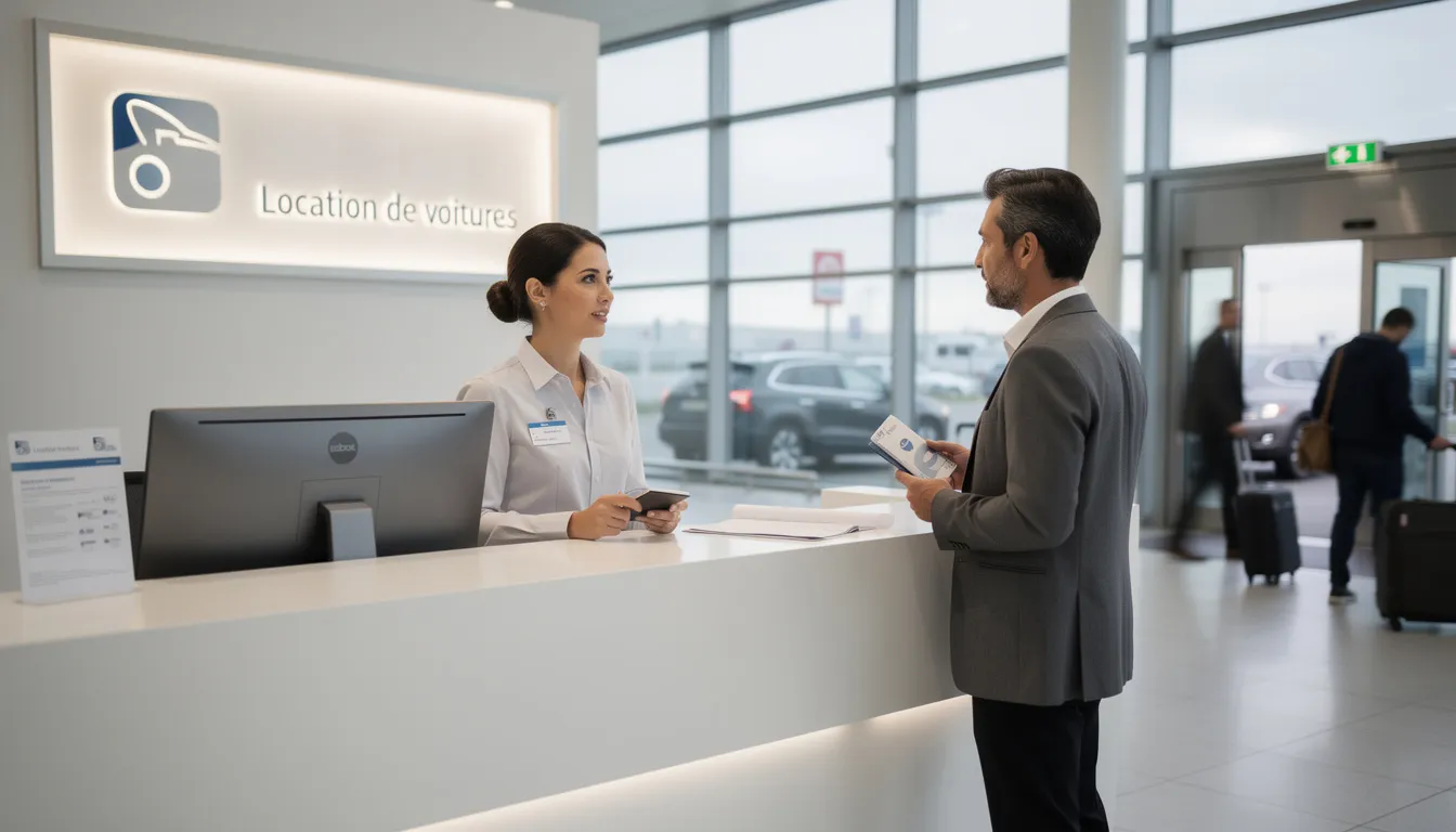 Image d'un comptoir de location de voitures où un agent discute avec un client, échangeant des informations sur le retour d'un véhicule. On peut voir des documents, des clés de voiture et un écran affichant des détails sur la location, comme la date et le prix.
