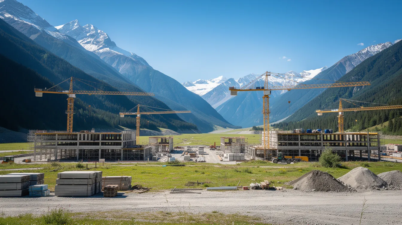 The image depicts a wide mountain valley landscape featuring construction cranes and partially built structures under a bright blue sky, highlighting an active construction site where workers are likely exposed to heat stress and other risks associated with hot environments. Emphasizing the importance of heat illness prevention, it serves as a reminder for effective safety measures, such as providing drinking water and frequent breaks, to protect workers from heat-related illnesses.