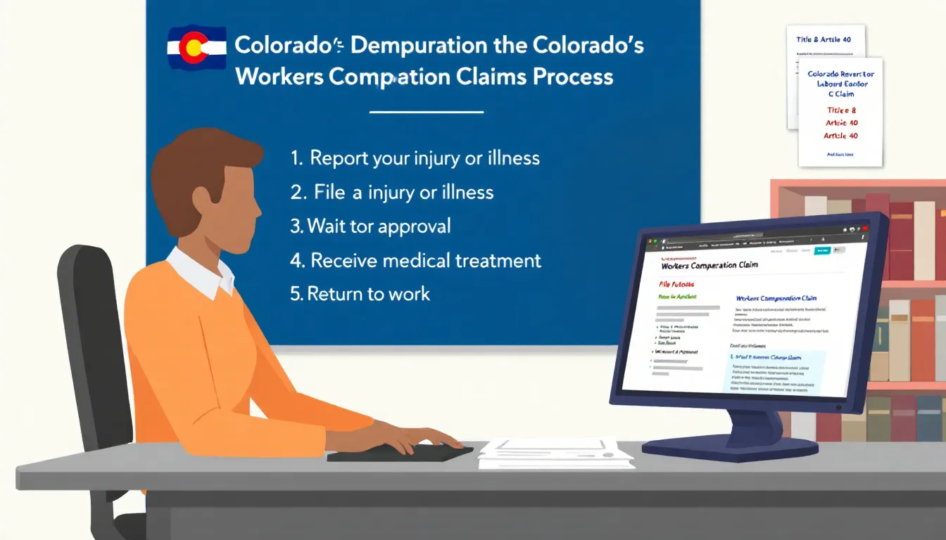 An illustration depicting the filing process for a workers compensation claim in Colorado, highlighting key steps such as seeking medical treatment, documenting workplace injuries, and interacting with insurance companies. The image emphasizes the importance of understanding workers compensation laws and the role of qualified Colorado workers compensation attorneys in navigating the claims process.