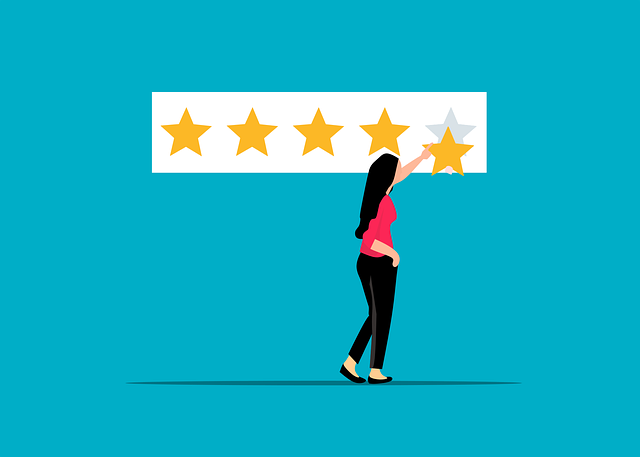 Illustration of a woman adding a star to a rating menu on a blue background