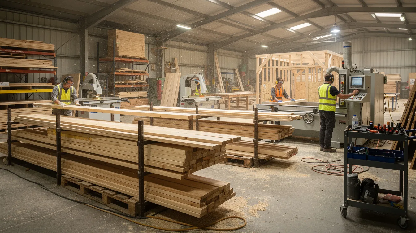 The image depicts a spacious woodworking workshop filled with stacked timber planks and workers actively operating machinery, showcasing a vibrant woodworking business environment. This scene highlights the potential for various woodworking projects, such as custom furniture and wooden toys, emphasizing the high demand for quality wood products in the industry.