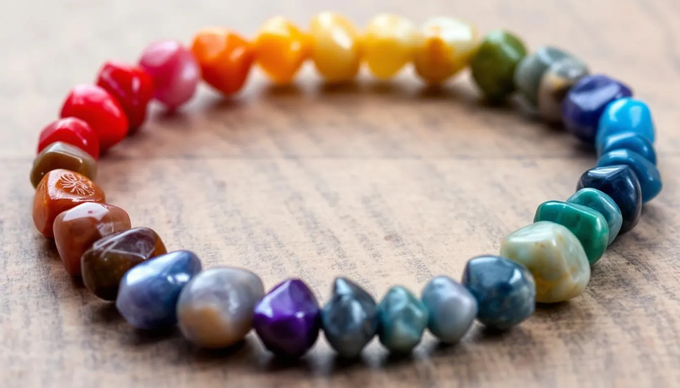 A vibrant collection of chakra bracelets is displayed, showcasing various colors and stones that represent different chakras, including the heart chakra. Each bracelet is designed to promote balance and harmony, inviting viewers to discover their unique energy throughout the day.