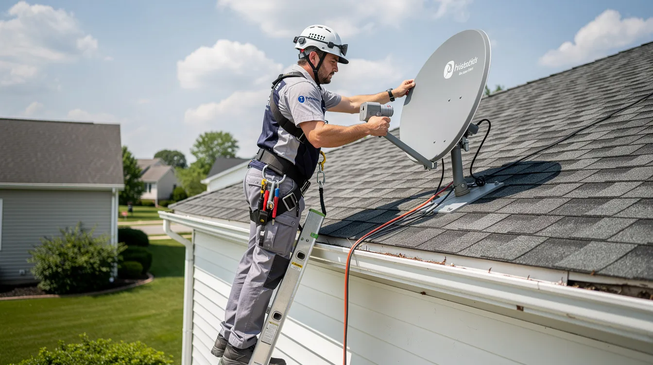 A professional installer is seen mounting a satellite dish on a residential roof, demonstrating the process of DSTV installation. The technician is focused on ensuring proper alignment for optimal signal reception, highlighting the importance of skilled DSTV installers for a successful satellite TV setup.