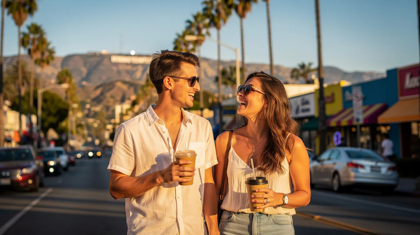 A guy and a woman are enjoying a fun outdoor date in Los Angeles, surrounded by vibrant city life and laughter. They appear relaxed and engaged, embodying the excitement of dating in the city while building a connection.