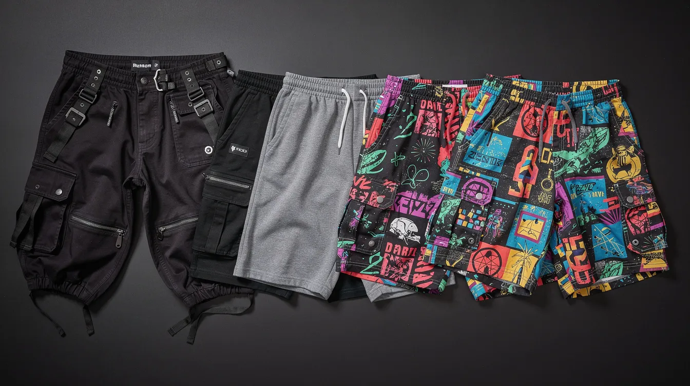 Auf einem dunklen Untergrund liegen verschiedene Rave-Hosen und Shorts nebeneinander, darunter Cargo-Hosen, Jersey Shorts und bedruckte Shorts. Diese Auswahl an stylischer Herrenbekleidung eignet sich perfekt für Festivals und techno Events, bietet Komfort und Bewegungsfreiheit zum Tanzen.