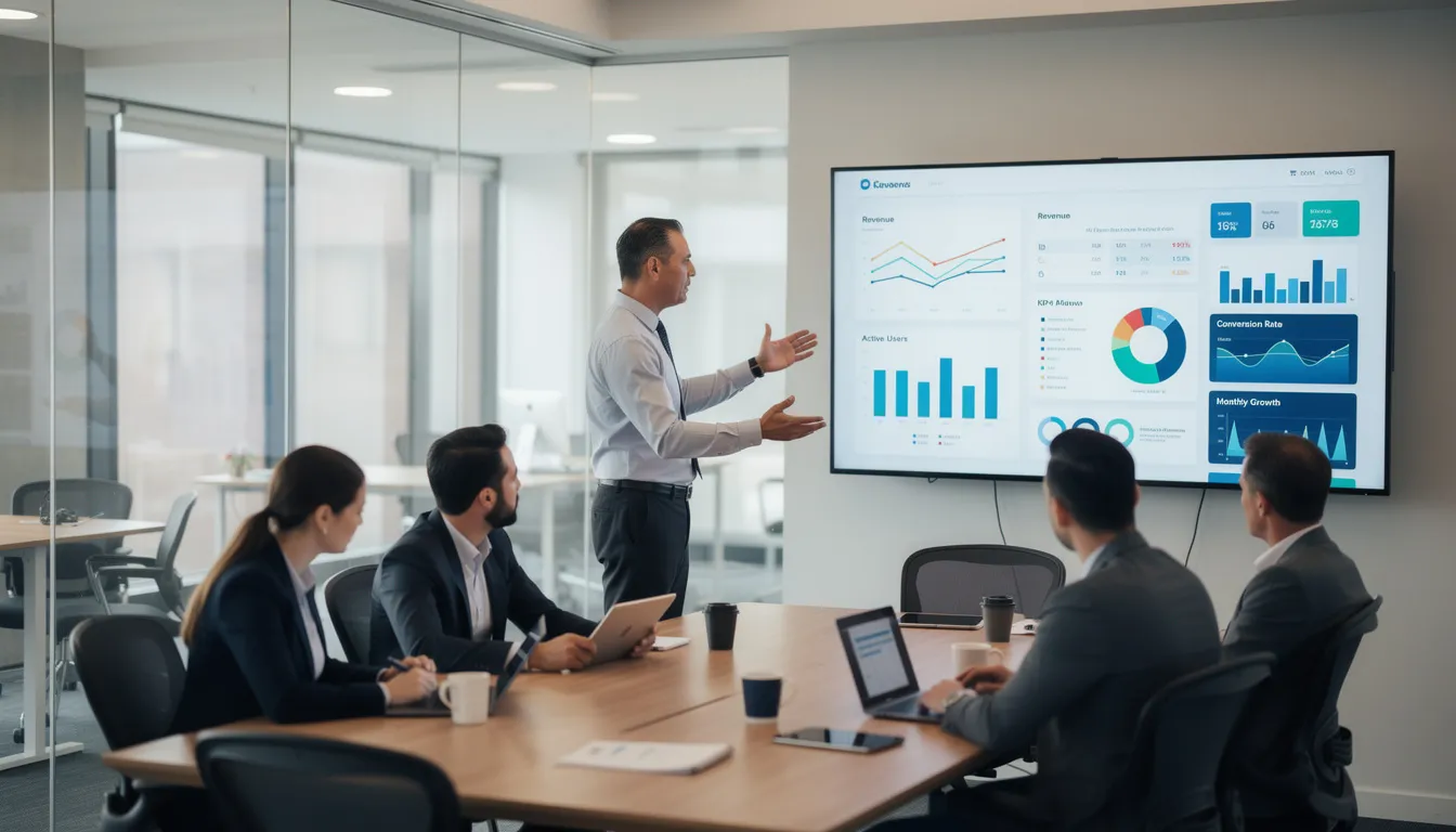 Technical Debt Audit For Agile Product Teams 2 The image depicts a team meeting where members are discussing a dashboard display filled with various charts and performance metrics related to software development. The visuals highlight key aspects of technical debt management and its impact on future development and business objectives.