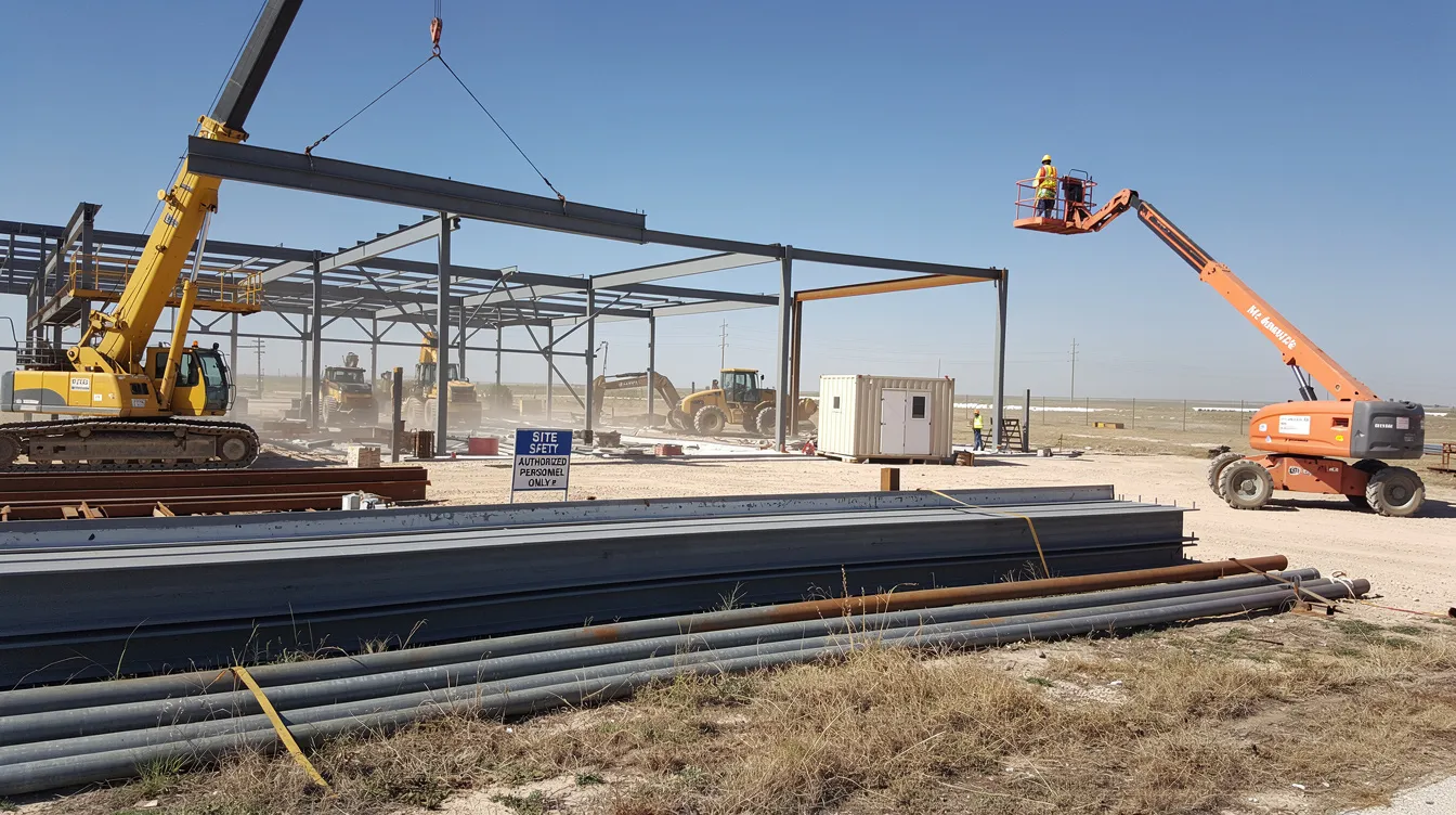 The image depicts an industrial construction site in South Texas, showcasing steel structures and heavy equipment operating under a clear blue sky. This active project highlights key elements of the construction industry, including the importance of timely and accurate notices for managing construction delay claims and ensuring compliance with contract requirements.