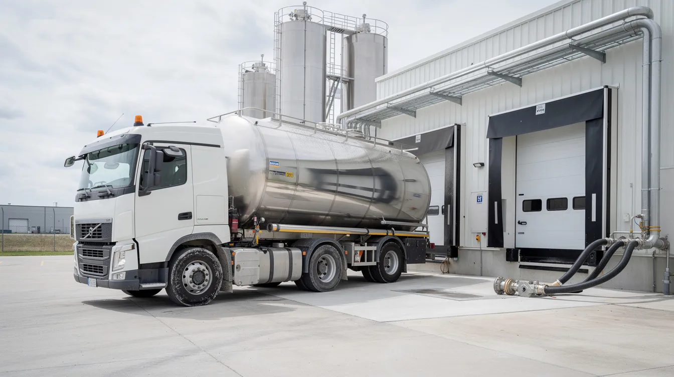 f151b826 501f 4686 94d7 8b78cce52792 A refrigerated milk tanker truck is arriving at the loading dock of a dairy processing plant, prepared to deliver liquid milk as a raw material for the production of whey protein products. This facility plays a crucial role in the whey processing industry, supporting the manufacturing of whey protein concentrate and isolate, essential for various nutritional applications.
