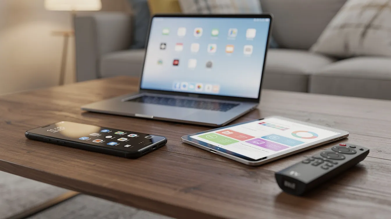 The image features a coffee table displaying a smartphone, tablet, laptop, and a smart TV remote, showcasing various devices that can access sports channels, including apps for streaming matches and playlists for teams like Manchester City and Inter Milan.