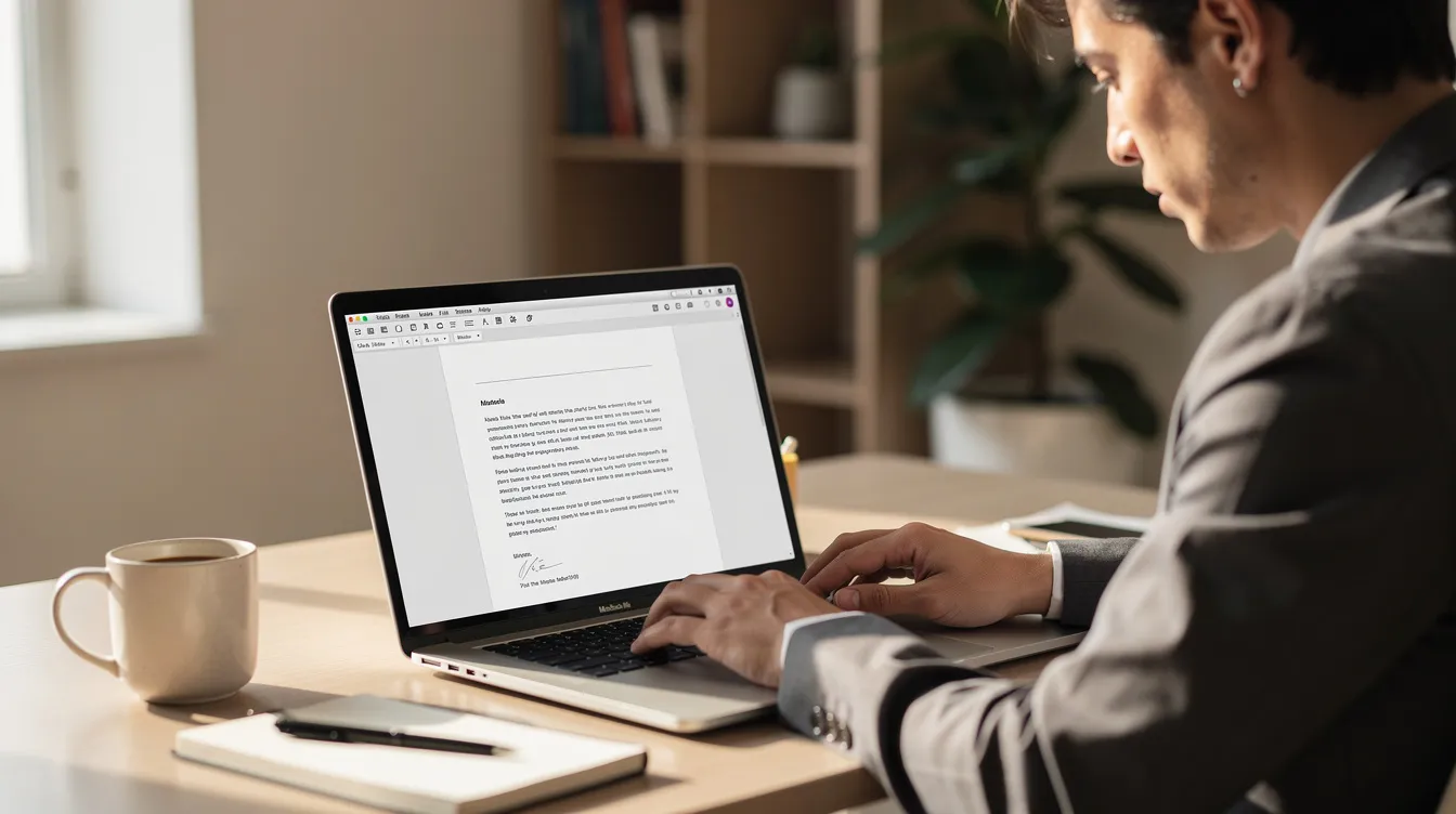 A person is seated at a desk, focusing on a laptop with a word document displayed on the screen. The individual appears to be engaged in editing or reviewing the document, which may involve converting the word file to a PDF format for easier sharing.