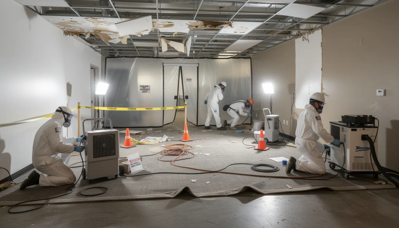 A team of restoration professionals in protective gear is diligently working inside a commercial building, addressing extensive damage caused by fire and water. They are engaged in critical property restoration services, focusing on mold removal and structural repairs to restore the affected areas to a pre-damaged state.