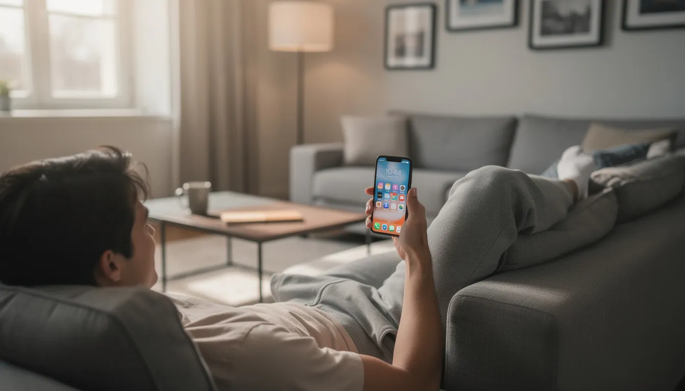 Een persoon zit ontspannen op een bank en houdt een smartphone vast, terwijl hij of zij mogelijk informatie over buitenlandse casino's of legale Nederlandse aanbieders bekijkt. De sfeer is casual en comfortabel, perfect voor verantwoord gokken.