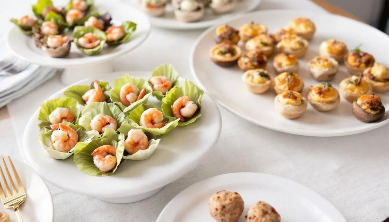 An elegant arrangement of a variety of canapés and finger foods is displayed on serving platters, showcasing quality food ideal for corporate events. The presentation features a selection of delicious bites, perfect for catering to guests' dietary requirements during business meetings or lunches.