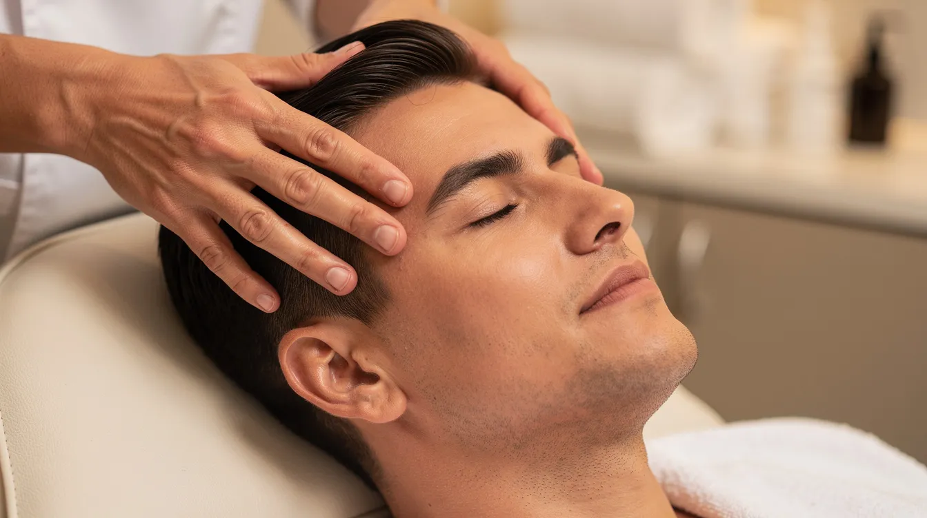 A man with short hair is receiving a relaxing scalp massage, which can help stimulate hair growth and improve scalp health. This soothing treatment may benefit those experiencing thinning hair or hair loss by enhancing blood circulation to the hair follicles.