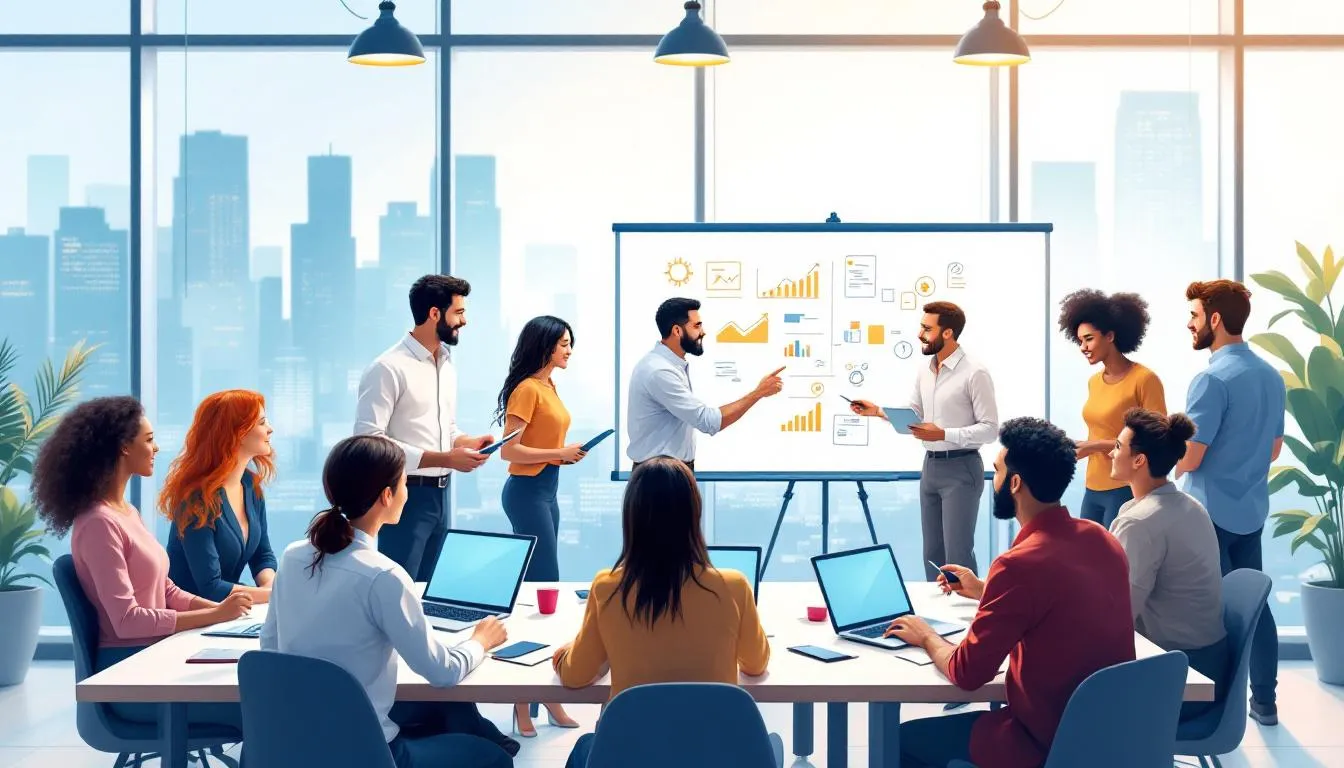The image showcases a vibrant digital marketing strategy meeting, featuring a diverse group of professionals discussing comprehensive digital marketing services aimed at boosting business growth. Charts and graphs illustrating data analytics and digital advertising strategies are visible, emphasizing the collaborative efforts of this leading digital marketing agency.