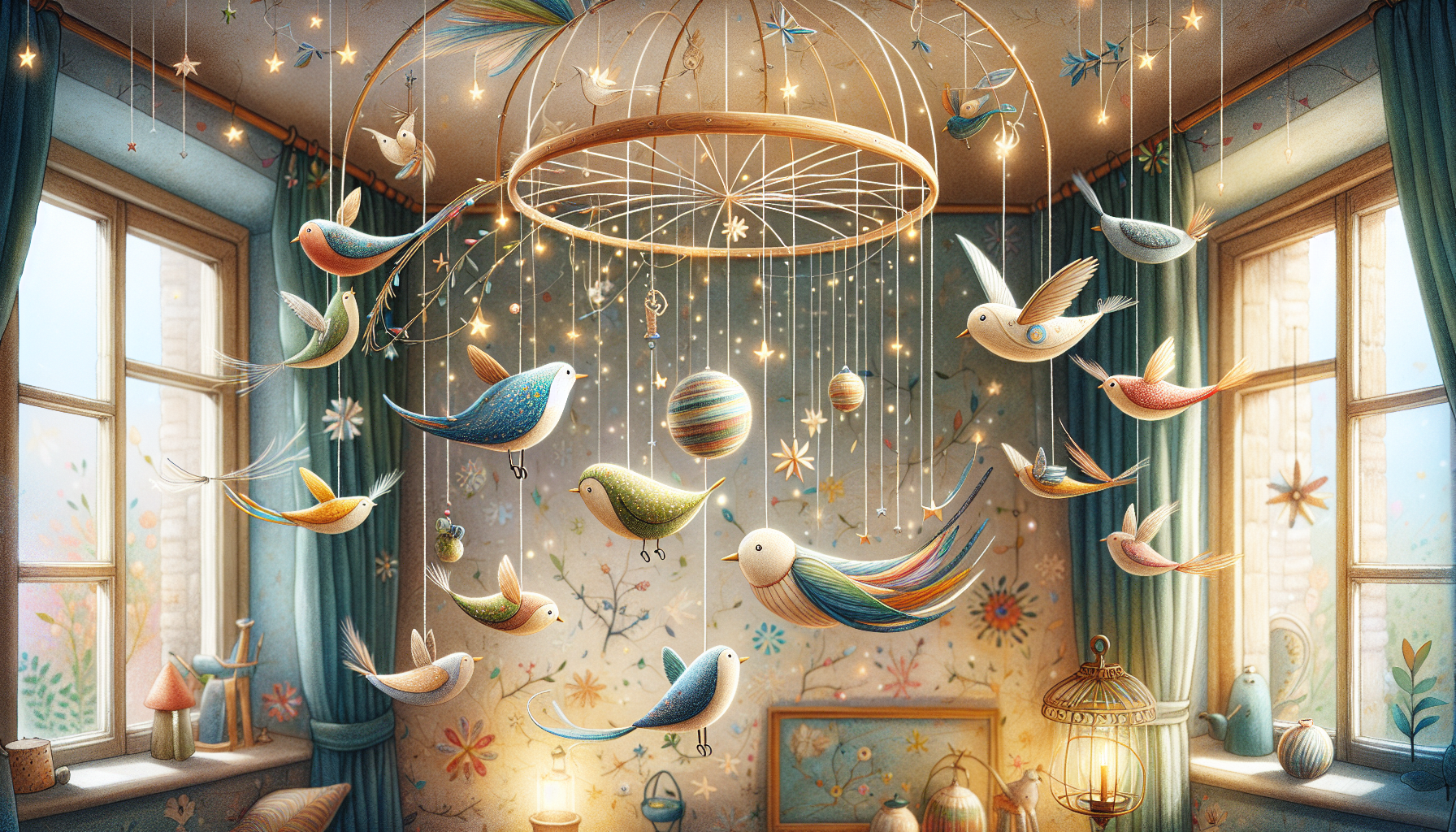 Creative ways to hang bird decor including intertwining fairy lights and crafting bird mobiles