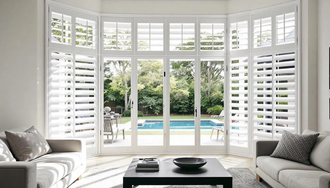 A modern Australian living room features a bay window adorned with white plantation shutters, allowing for individual panel operation to control light and privacy. The sleek design of the window coverings enhances the room's contemporary style while inviting natural light into the space.