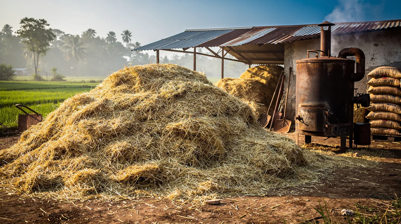 f15db2fc a1fb 4eb7 8c3d f59ab39d6e75 A large pile of rice husk is stored near an industrial furnace in a rural setting, showcasing the byproducts of rice processing. This storage area may play a significant role in the production capacity of puffed rice and other cereals, highlighting the importance of efficient fuel and moisture management in manufacturing processes.