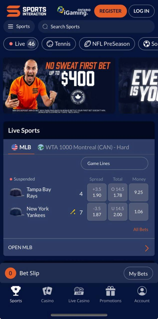 A screenshot of Sports Interaction's mobile app home page.