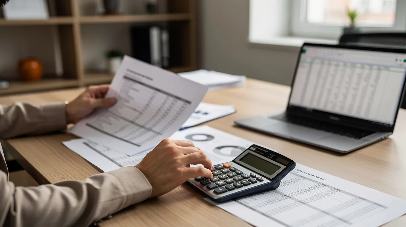 A person is seated at a desk, meticulously reviewing financial documents alongside a calculator and a laptop, likely assessing their financial situation and planning for debt management or loan applications. The scene conveys a sense of organization and focus, essential for understanding one's 清 數 and managing their financial obligations effectively.