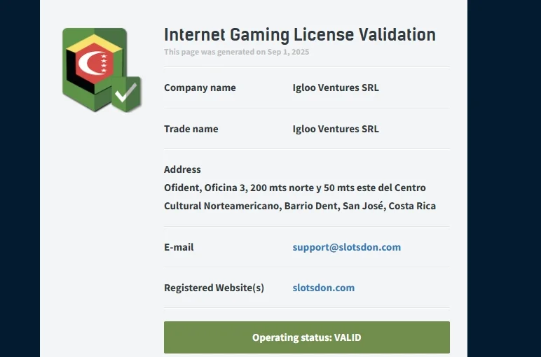 SlotsDon Casino License Status Verification Page