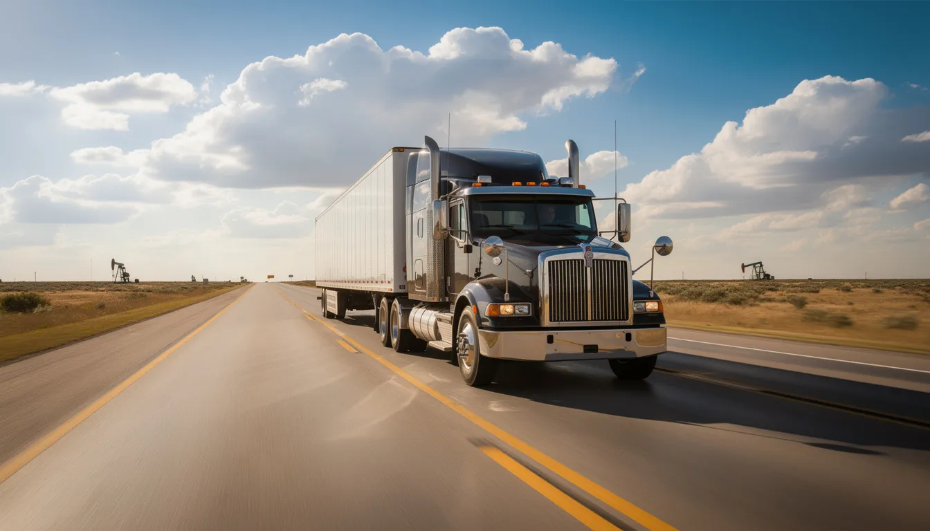 The image depicts a large commercial semi-truck traveling along a Texas highway, surrounded by open landscapes typical of the region. This scene highlights the importance of safety on the road, especially considering the potential for serious injuries in workplace accidents involving large vehicles.