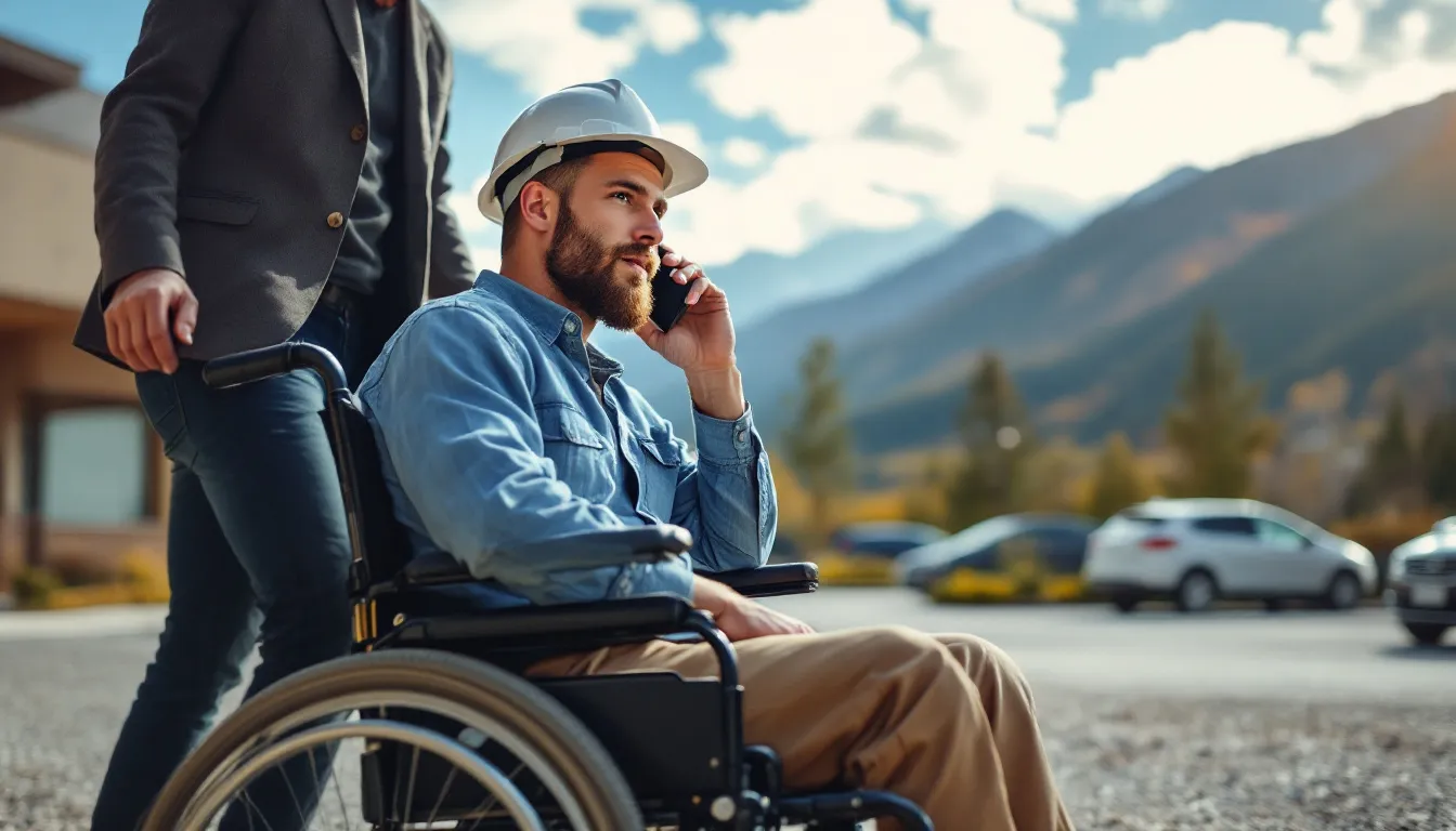 A young blue-collar male, wearing a hard hat, is leaving a hospital in a wheelchair while talking on the phone, with a scenic view of Colorado in the background. His lawyer is arriving to pick him up, highlighting the importance of legal support for injured workers navigating the workers compensation claims process.
